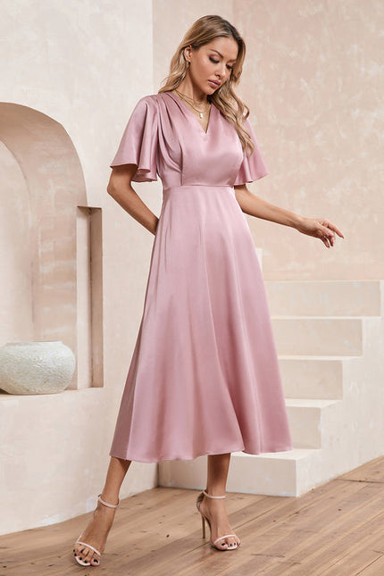 Robe Pastel Rose Satin Col V Midi