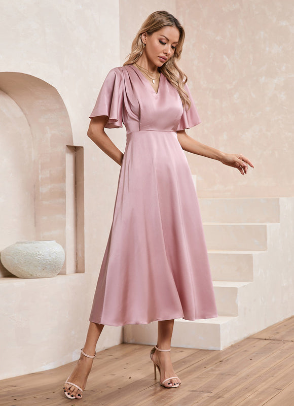 Robe Pastel Rose Satin Col V Midi