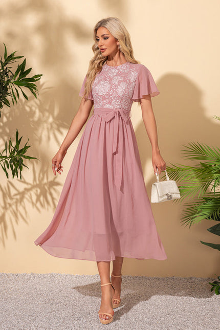 Robe Pastel Rose Col Rond Trapèze Midi - gallery 2