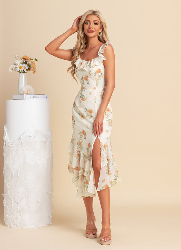 Robe Pastel Floral Crème Col Cœur Midi - gallery 3
