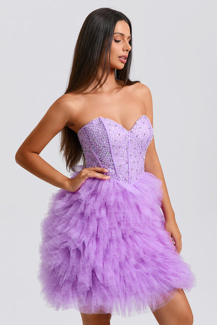 Robe Pastel Violet Paillettes Tulle Court - gallery 2