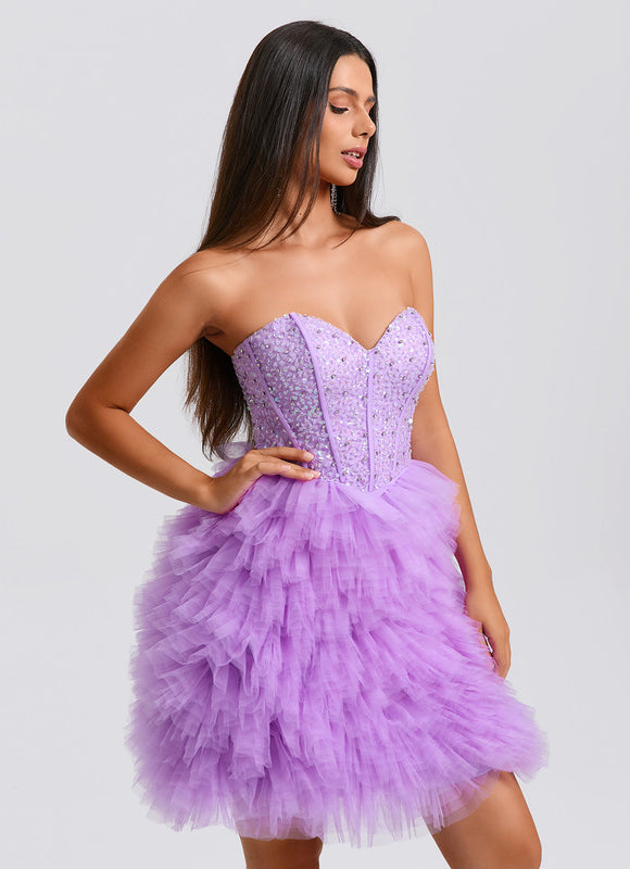 Robe Pastel Violet Paillettes Tulle Court - gallery 2