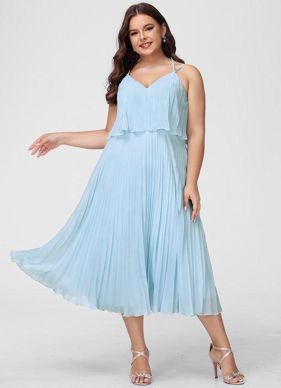 Robe Pastel Bleu Col V Plissée Mollet - gallery 6