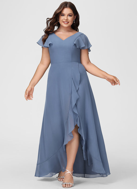 Robe Pastel Bleu Asymétrique Col V Volants - gallery 7