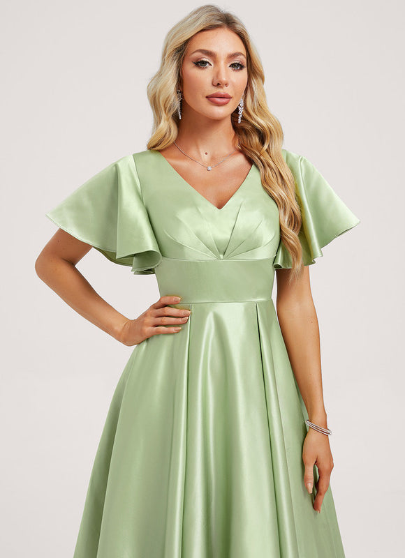 Robe Pastel Verte Satin Col V Asymétrique - gallery 3
