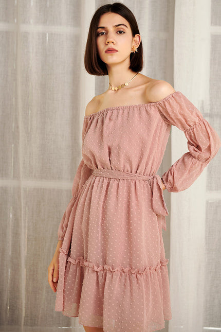 Robe Pastel Rose Épaule Dénudée Mini