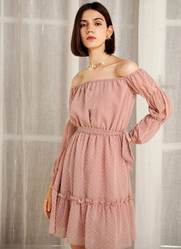 Robe Pastel Rose Épaule Dénudée Mini