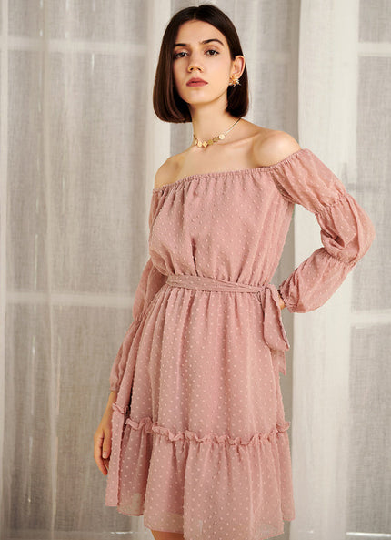 Robe Pastel Rose Épaule Dénudée Mini