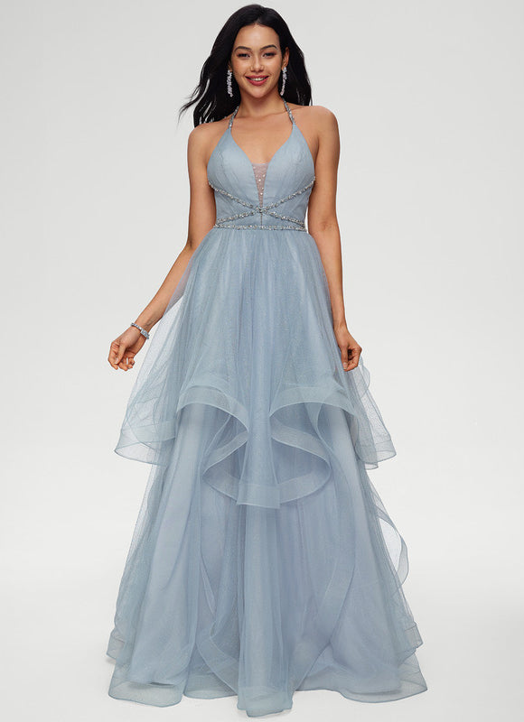 Robe Pastel Bleu Col V Tulle Bal