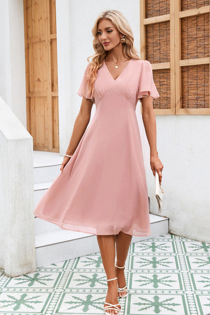 Robe Pastel Rose Col V Mousseline Midi