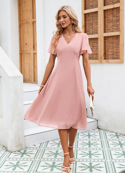 Robe Pastel Rose Col V Mousseline Midi