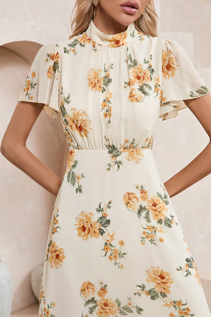 Robe Pastel Beige Fleurs Col Montant - gallery 4