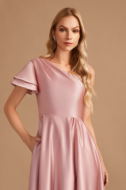 Robe Pastel Rose Décolleté Asymétrique Satin - gallery 3