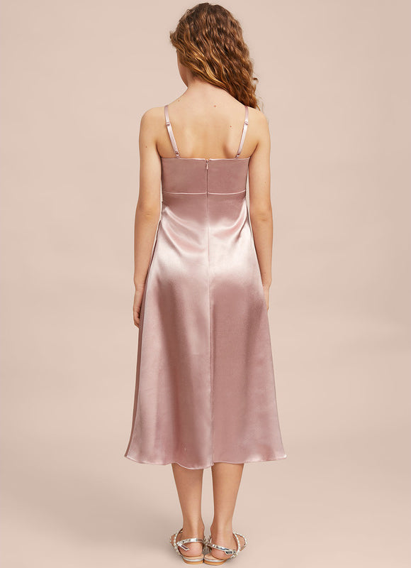 Robe Pastel Rose Satin Longueur Mollet - gallery 7