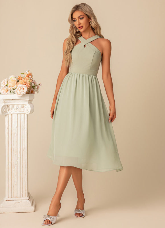 Robe Pastel Verte Mousseline Midi Élégante - gallery 1