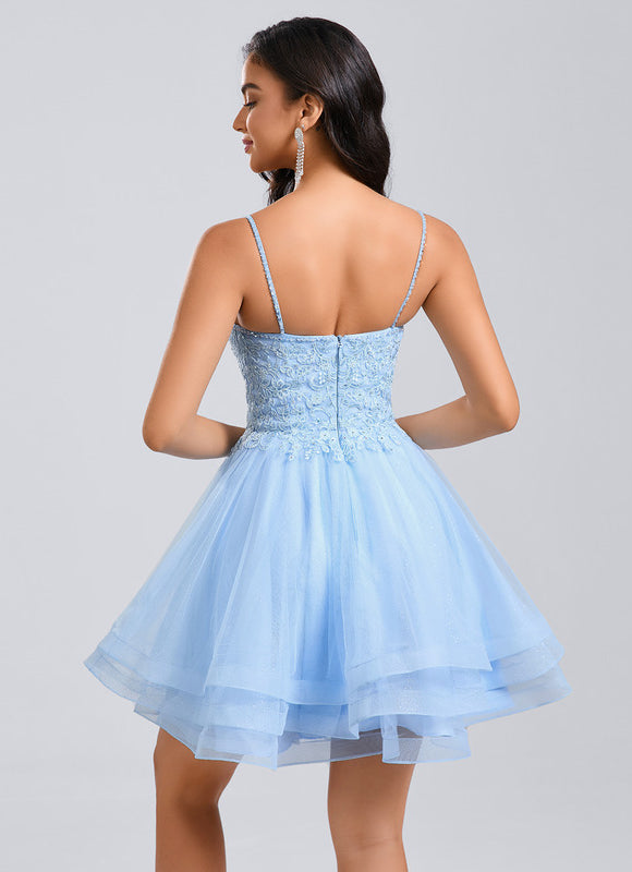 Robe Pastel Bleue Col V Dentelle Tulle - gallery 6