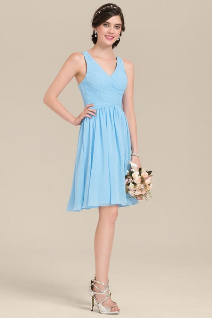 Robe Pastel Bleu Col V Trapèze Mousseline - gallery 2