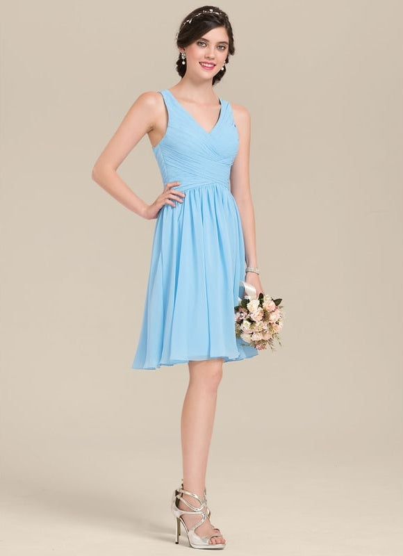 Robe Pastel Bleu Col V Trapèze Mousseline - gallery 2
