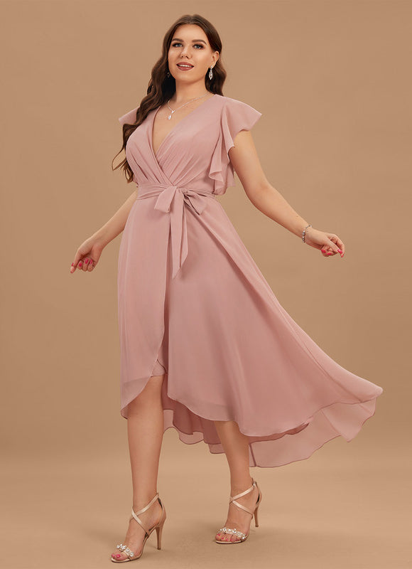Robe Pastel Bleu Asymétrique Col V Volants - gallery 5