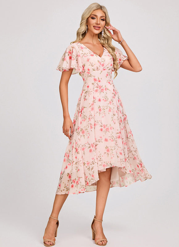 Robe Pastel Bleu Asymétrique Col V Volants