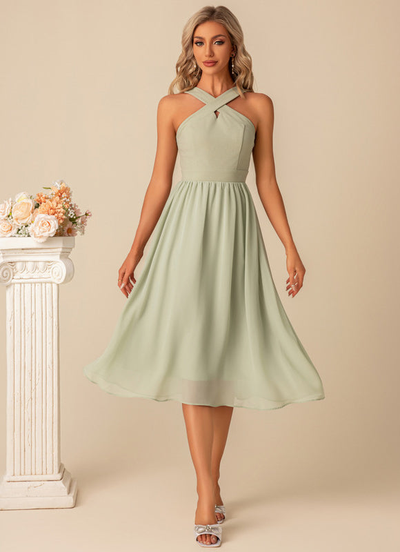 Robe Pastel Verte Mousseline Midi Élégante - gallery 2