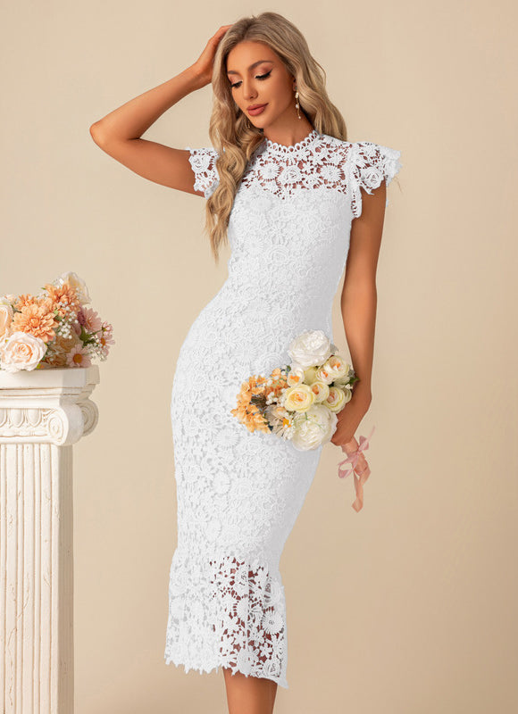 Robe Pastel Bleu Dentelle Col Montant - gallery 8