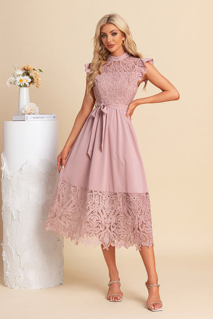 Robe Pastel Rose Dentelle Col Montant - gallery 5