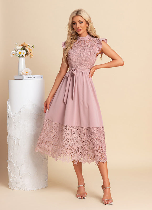 Robe Pastel Rose Dentelle Col Montant - gallery 5