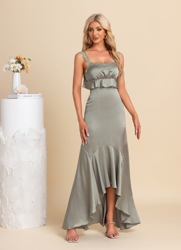 Robe Pastel Vert Satin Asymétrique Maxi - gallery 3