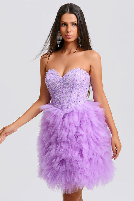 Robe Pastel Violet Paillettes Tulle Court - gallery 4