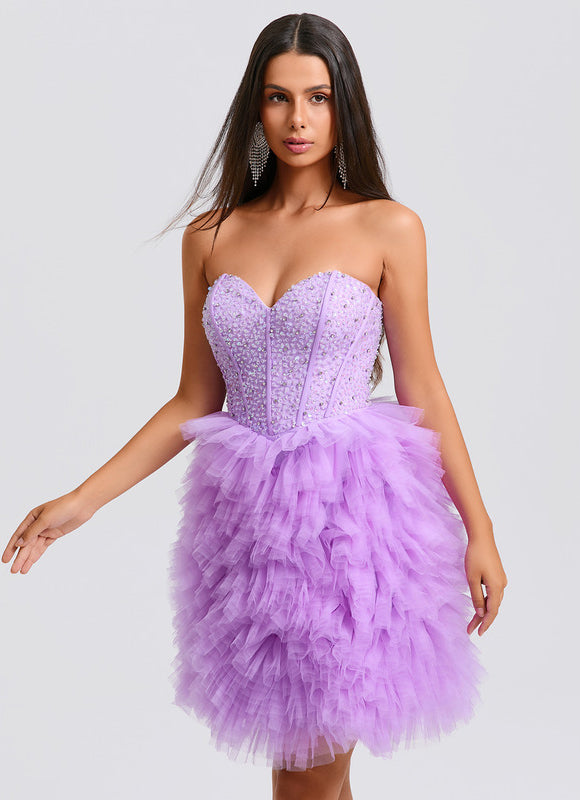 Robe Pastel Violet Paillettes Tulle Court - gallery 4