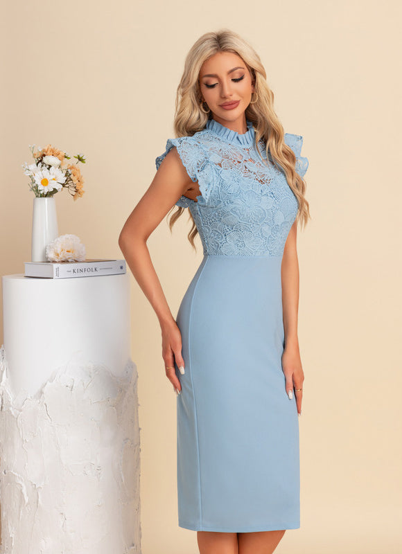 Robe Pastel Bleu Dentelle Fourreau Midi - gallery 6