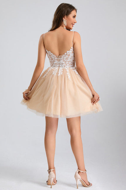 Robe Pastel Rose Col V Tulle Dentelle - gallery 5