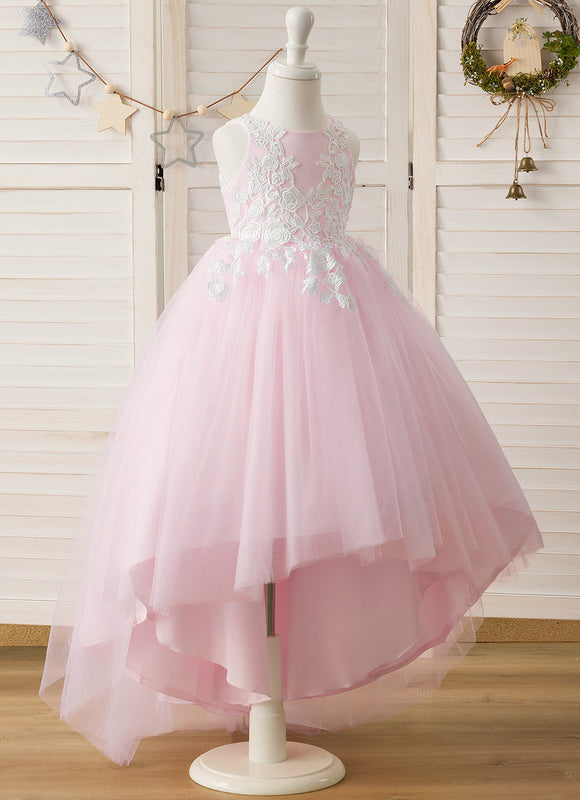Robe Pastel Rose Col Rond Asymétrique Dentelle - gallery 1