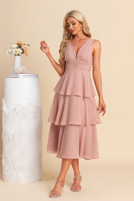 Robe Pastel Rose Col V Trapèze Midi