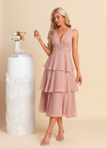Robe Pastel Rose Col V Trapèze Midi