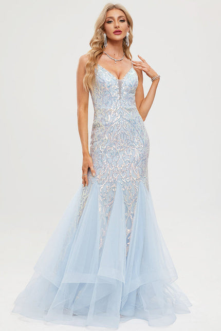 Robe Pastel Bleu Sirène Traîne Pailletée - gallery 8