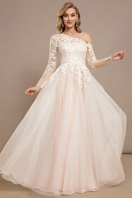 Robe Pastel Rose Col Asymétrique Tulle Dentelle - gallery 1