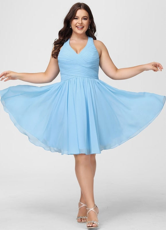 Robe Pastel Bleu Col V Trapèze Mousseline - gallery 4