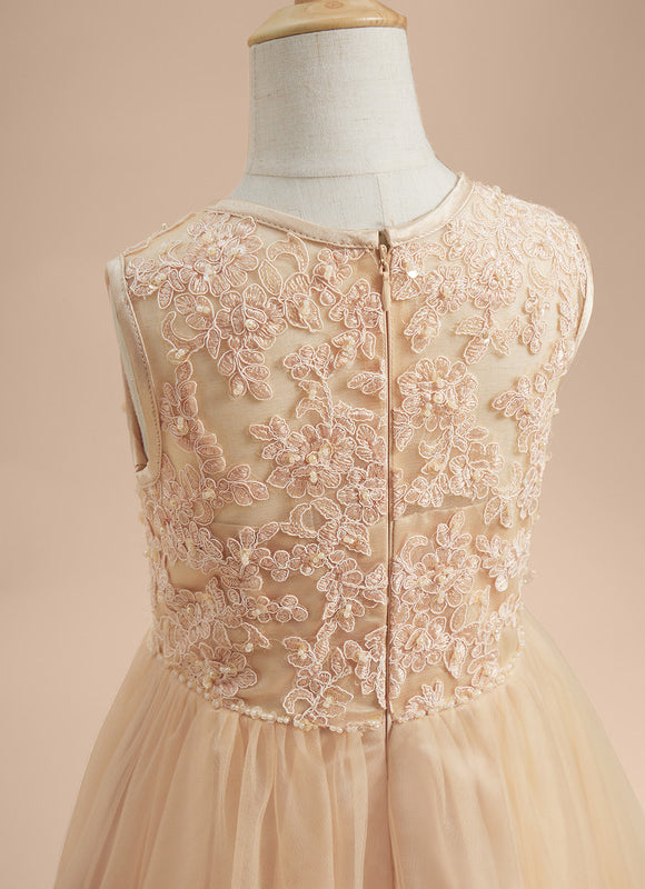 Robe Pastel Beige Dentelle Élégante Fille Mariage - gallery 3