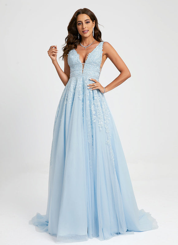Robe Pastel Bleu Col V Traîne Dentelle
