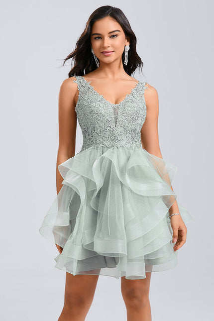 Robe Pastel Verte Col V Tulle Dentelle - gallery 6