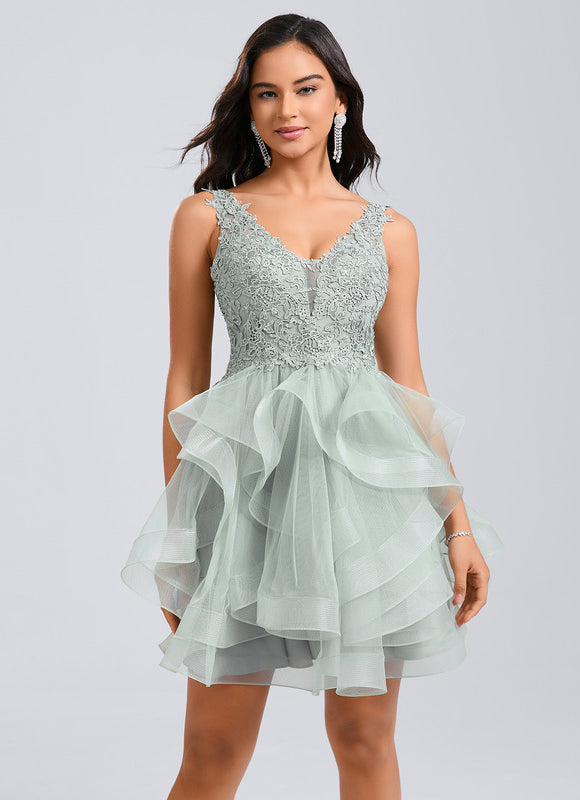 Robe Pastel Verte Col V Tulle Dentelle - gallery 6