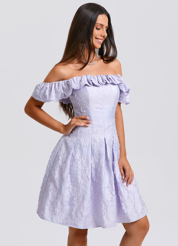 Robe Pastel Lavande Épaule Dénudée Courte - gallery 2
