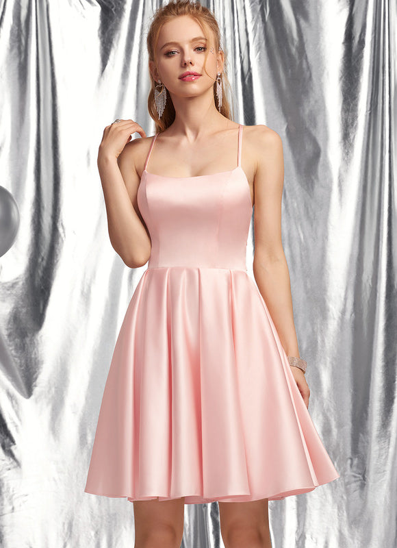Robe Pastel Rose Satin Col Carré - gallery 4