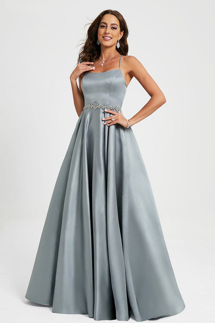 Robe Pastel Gris Satin Strass Longueur Sol - gallery 2