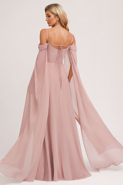 Robe Pastel Rose Décolleté Longue Avec Volants - gallery 6