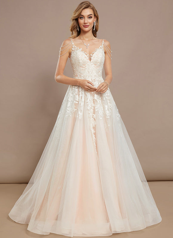 Robe Pastel Blanche Col V Traîne Dentelle - gallery 1