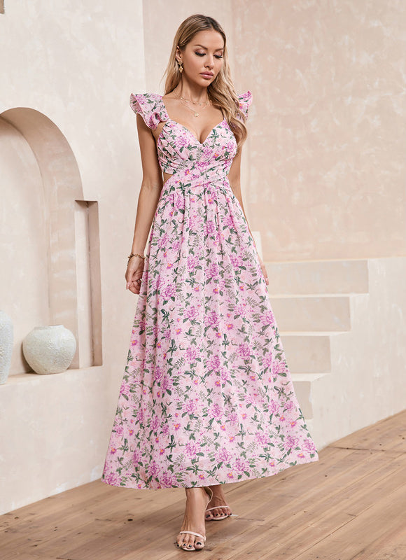 Robe Pastel Imprimé Fleurs Rose Maxi