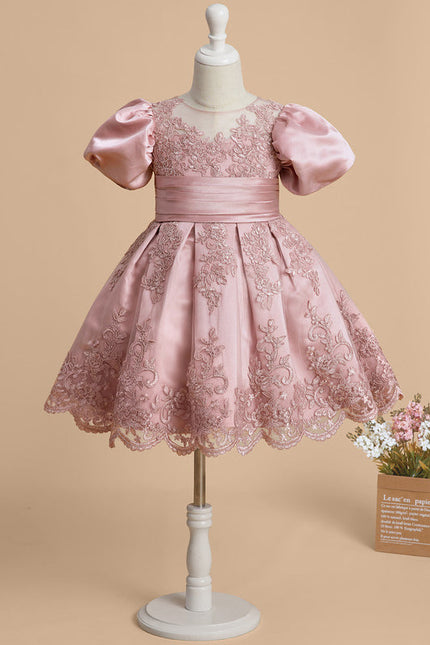 Robe Pastel Rose Satin Dentelle Fille Mariage - gallery 3